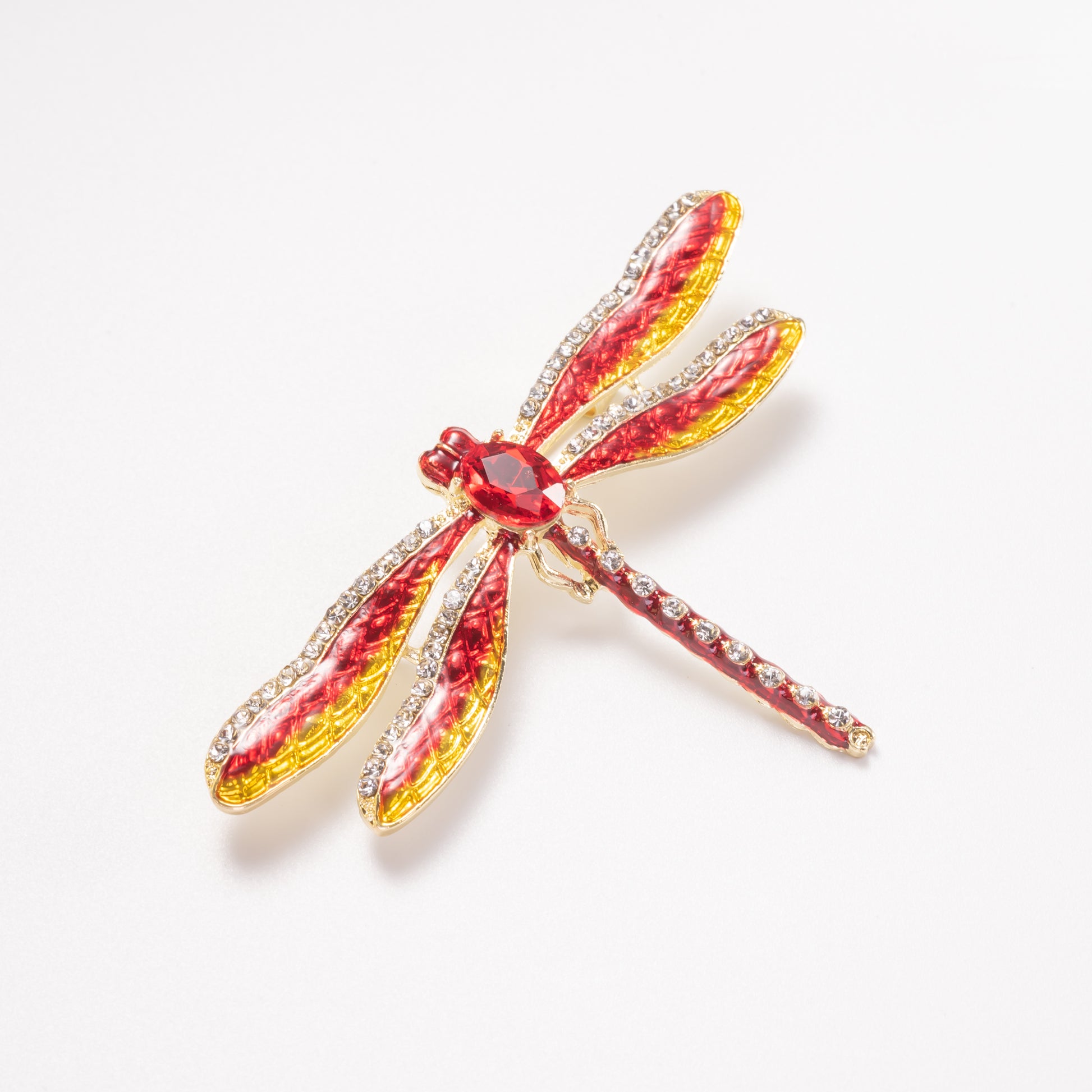 fiery red and orange enamel dragonfly brooch pin with crystal accents