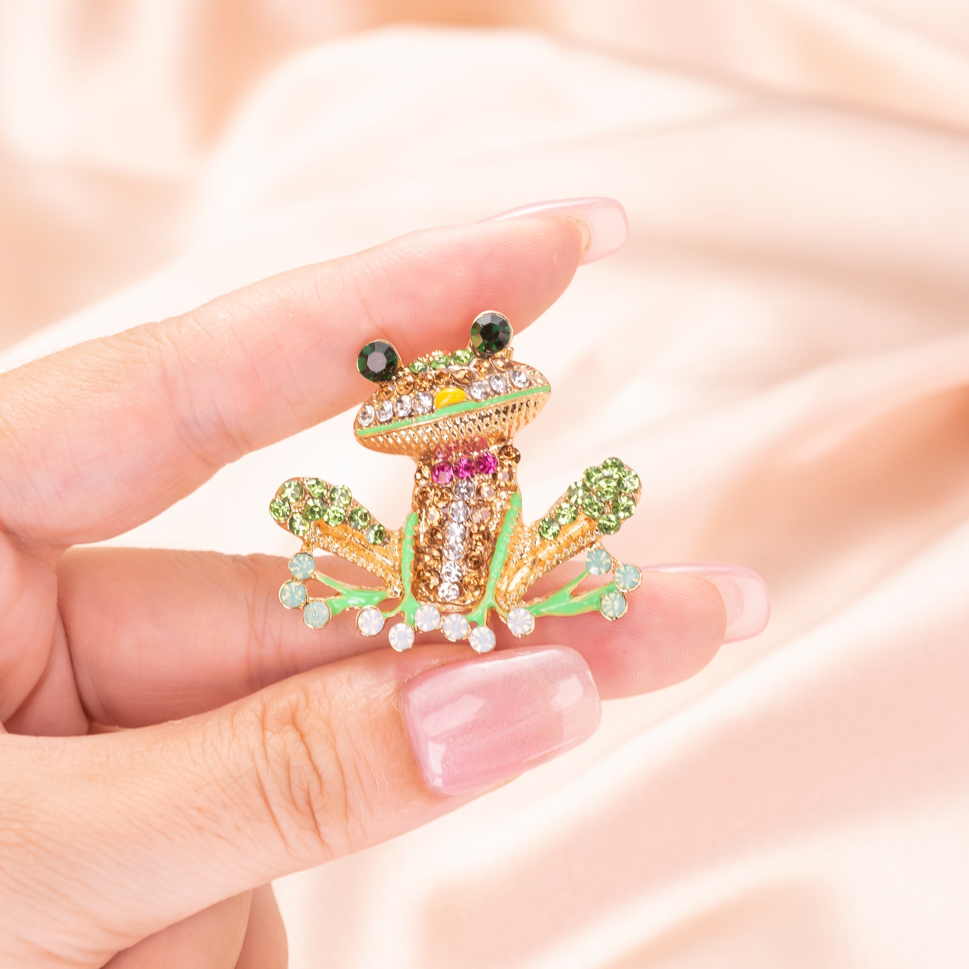 green enamel happy frog brooch pin with sparkling crystal accents