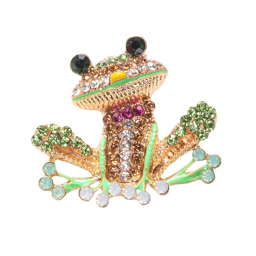 green enamel happy frog brooch pin with sparkling crystal accents