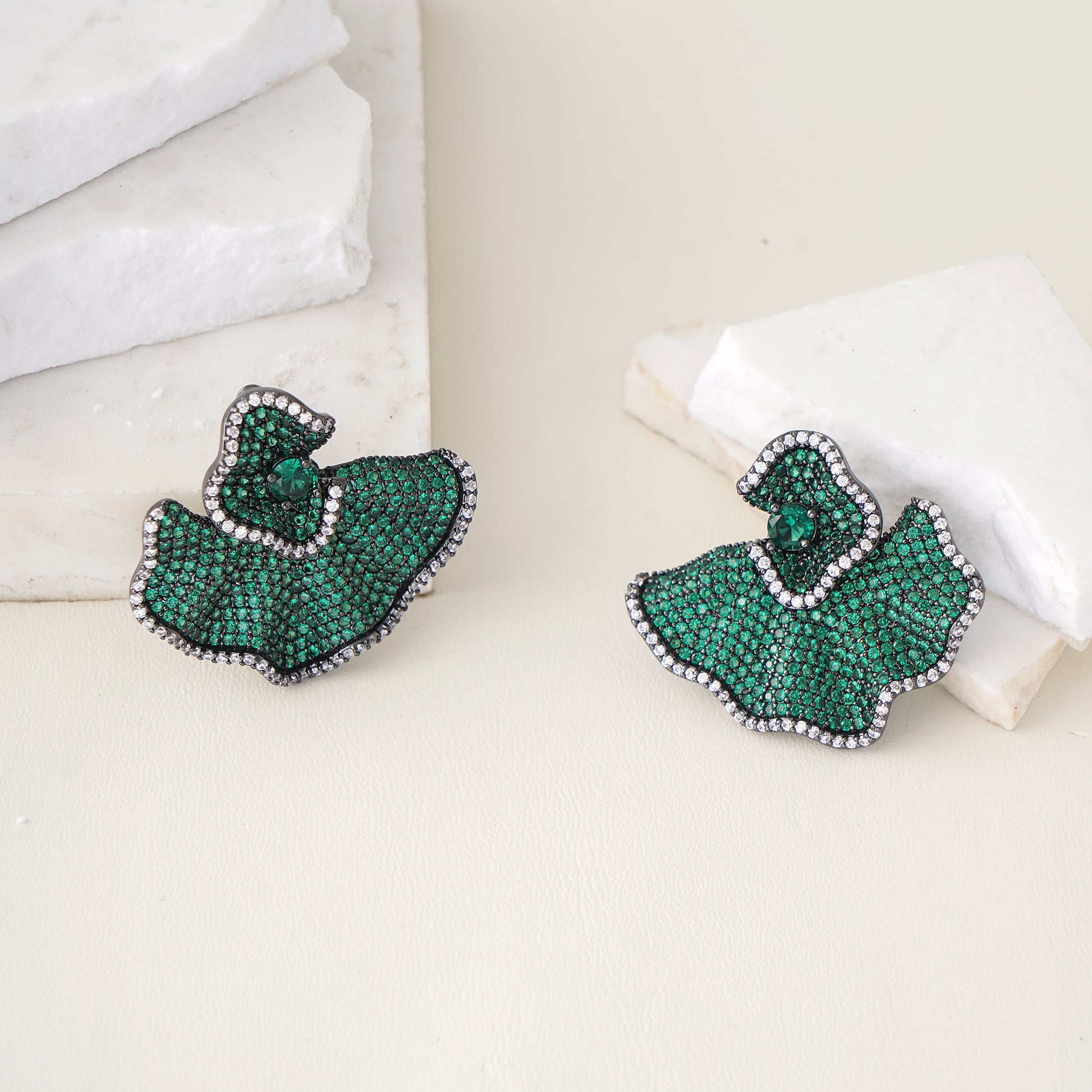 Designer Statement Simulated Green Pave Gemstone Earring in Brass with Silver findings- Stars and Vogue