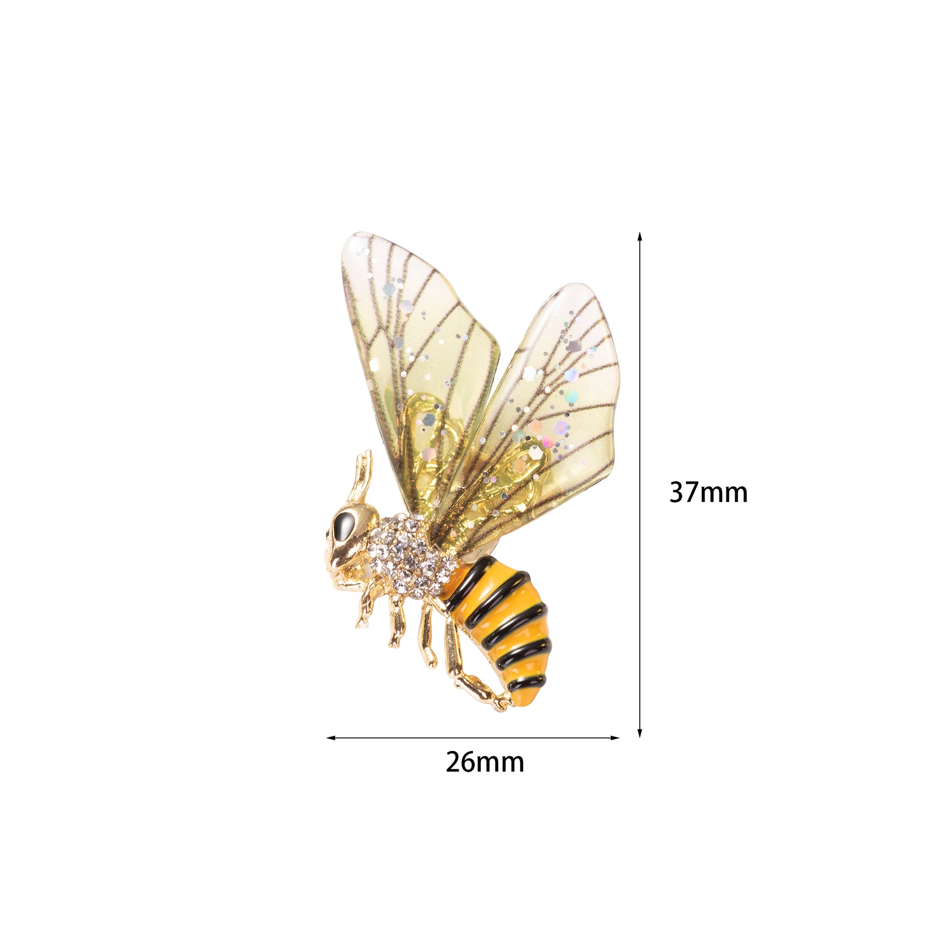 A vibrant green and yellow bee-shaped enamel brooch pin with sparkling accents.