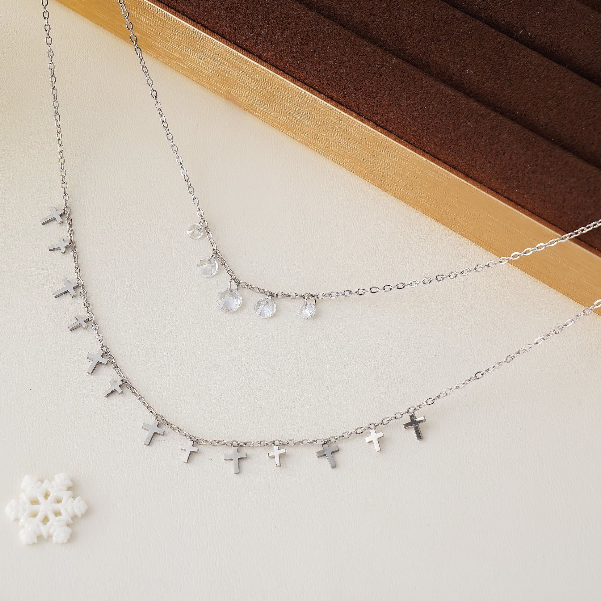 Cross Charm Layered Necklace with Diamond Simulated in Stainless Steel 18"+2" extender- Stars and Vogue