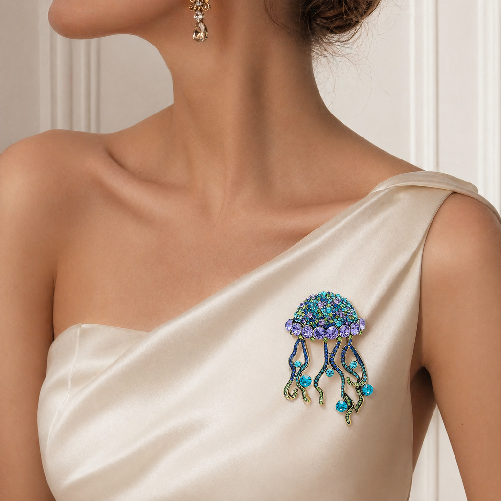 Crystal Jellyfish Brooch — Statement Ocean Lapel Pin for Women | Available in Amber & Ocean Blue