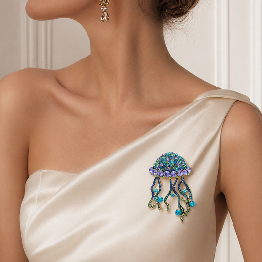 Crystal Jellyfish Brooch — Statement Ocean Lapel Pin for Women | Available in Amber & Ocean Blue