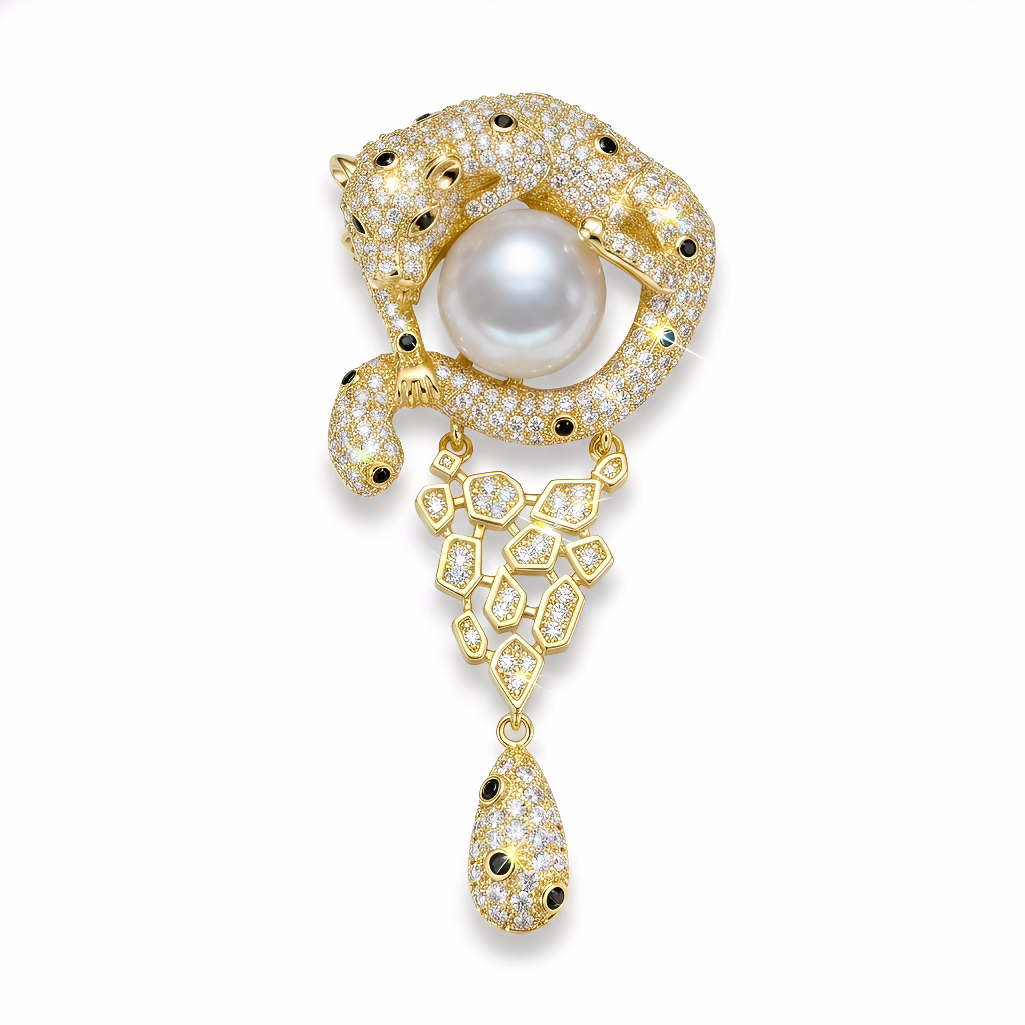 Gold Leopard Brooch with Pearl & Pave CZ — Statement Lapel Pin for Women