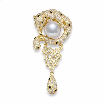 Gold Leopard Brooch with Pearl & Pave CZ — Statement Lapel Pin for Women