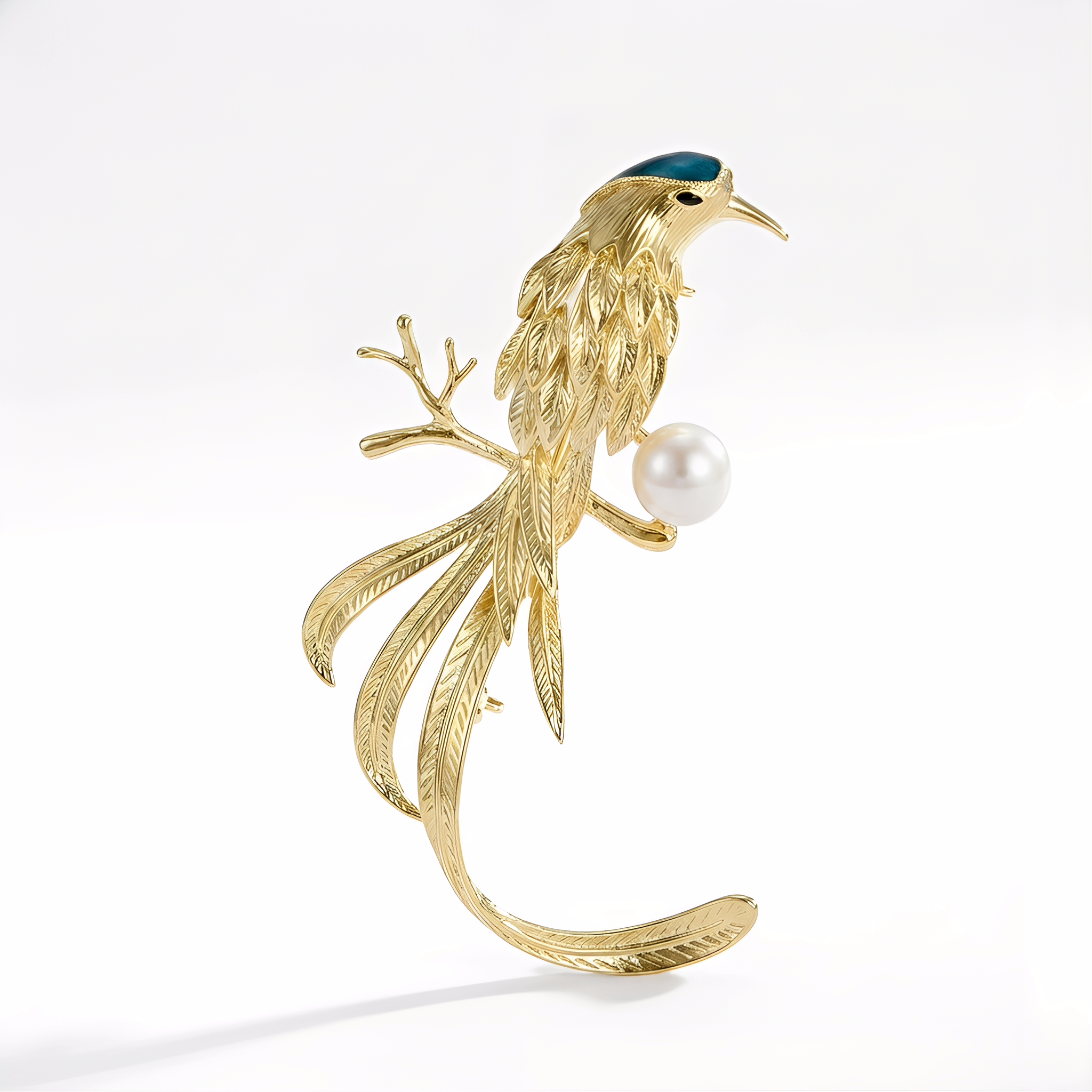 Gold Bird of Paradise Brooch – 18K Gold Plated Brass, Pearl & CZ Accent