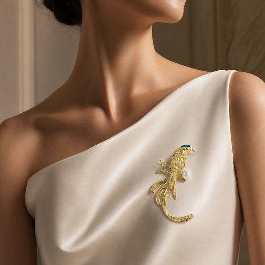 Gold Bird of Paradise Brooch – 18K Gold Plated Brass, Pearl & CZ Accent