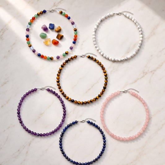 Natural Gemstone Beaded Necklace — 8mm Crystal Bead Necklace for Women & Men | 6 Stone Variants
