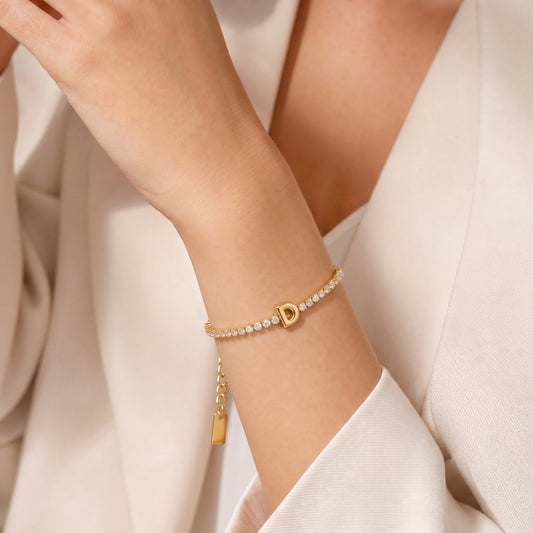 CZ Initial Tennis Bracelet – 18K Gold Plated Personalized Letter Bracelet