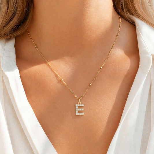 Initial E Necklace with CZ Crystals – 18K Gold Plated Letter Pendant