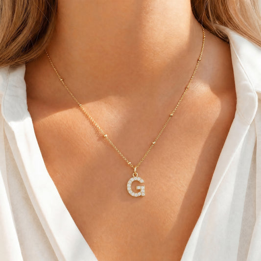 Initial G Necklace with CZ Crystals – 18K Gold Plated Letter Pendant