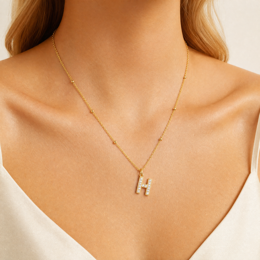 Initial H Necklace with CZ Crystals – 18K Gold Plated Letter Pendant