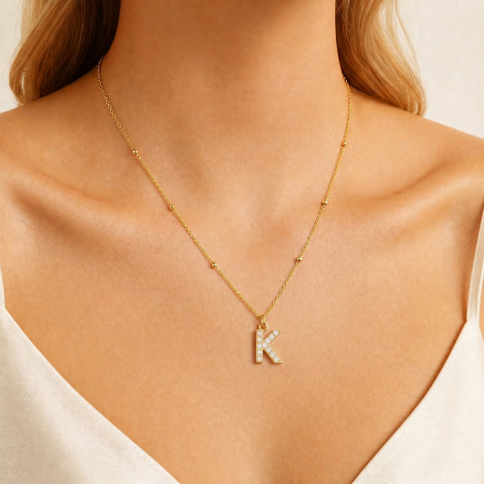 Initial K Necklace with CZ Crystals – 18K Gold Plated Stainless Steel Letter Pendant