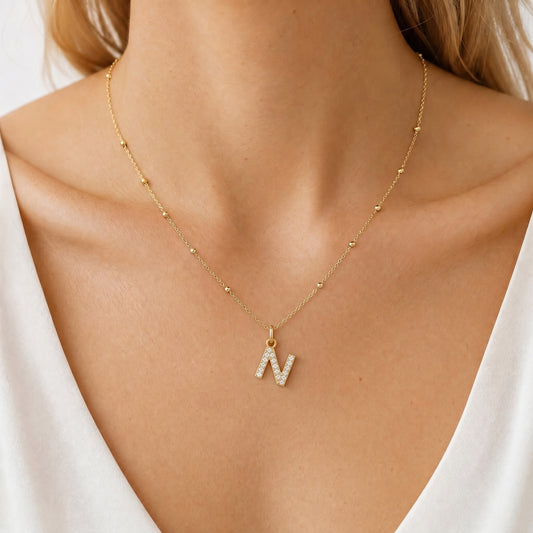 Initial N Necklace with CZ Crystals – 18K Gold Plated Stainless Steel Letter Pendant