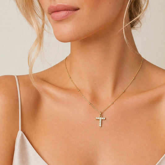 Initial T Necklace with CZ Crystals – 18K Gold Plated Letter Pendant