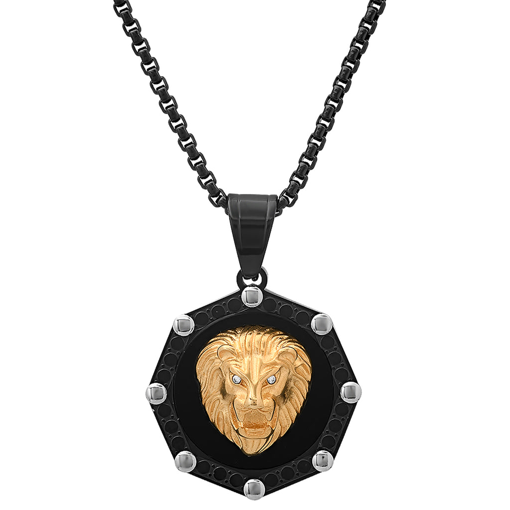 A men's 18k IP stainless steel lion head pendant necklace with a round box chain and simulated diamond accents.