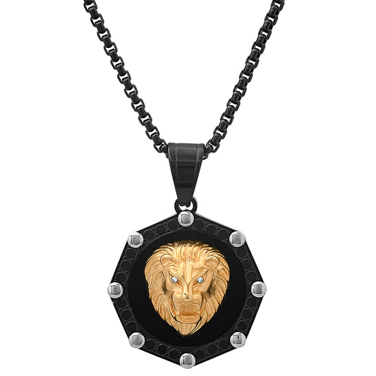 A men's 18k IP stainless steel lion head pendant necklace with a round box chain and simulated diamond accents.