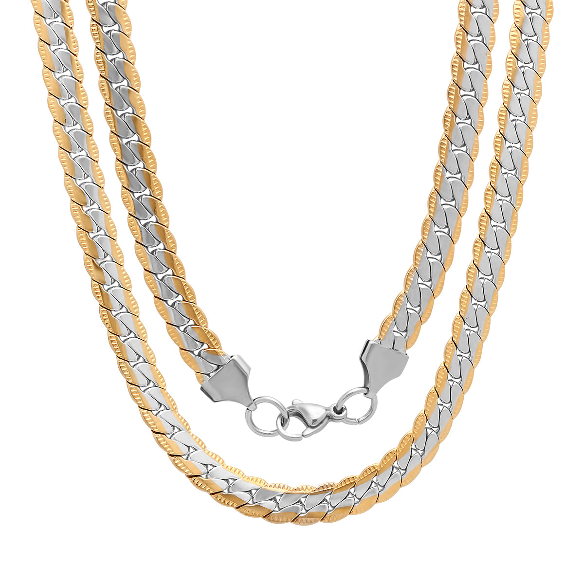 A 24-inch men's necklace with a two-tone stainless steel flat curb chain in silver and gold colors, featuring a secure lobster clasp.