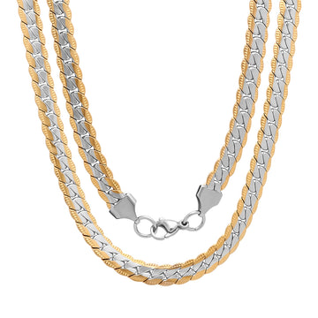 A 24-inch men's necklace with a two-tone stainless steel flat curb chain in silver and gold colors, featuring a secure lobster clasp.