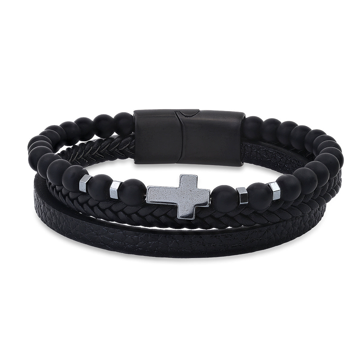 A men's layered black leather bracelet with black lava beads, a hematite cross, and a magnetic clasp.