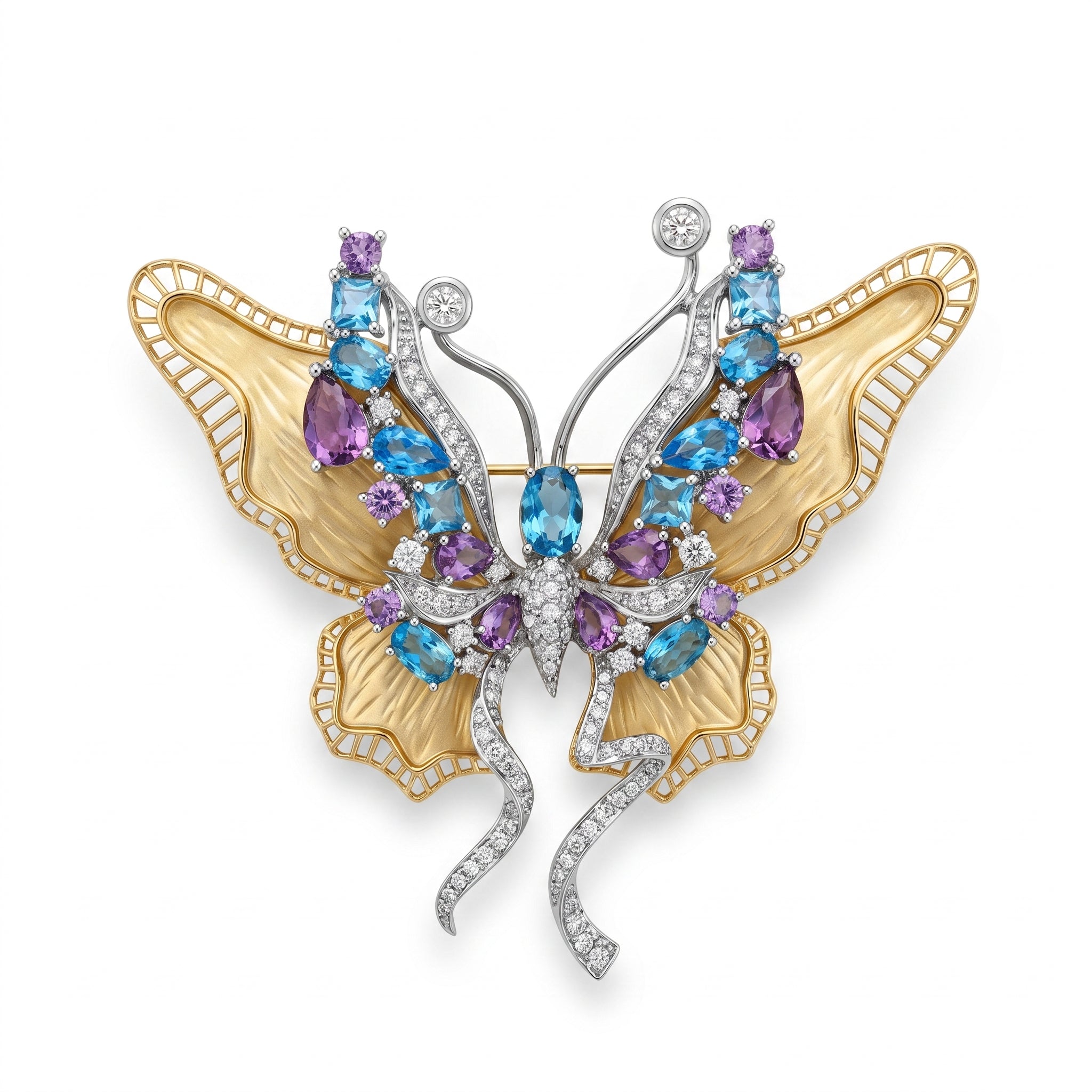 Two-Tone Butterfly Brooch with Blue Topaz & Amethyst Crystal - Statement Lapel Pin & Pendant Necklace