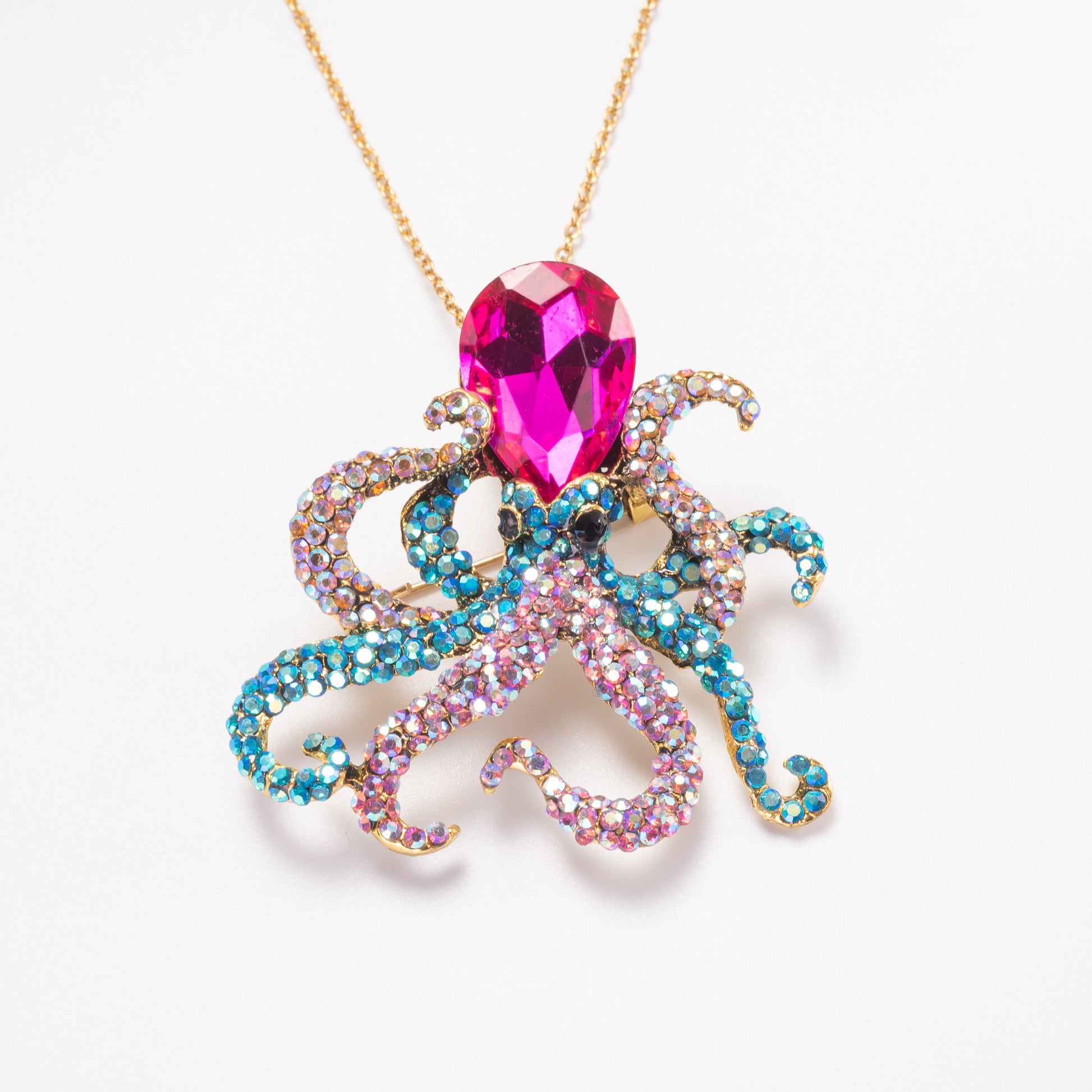 multicolor crystal octopus brooch pin and pendant necklace