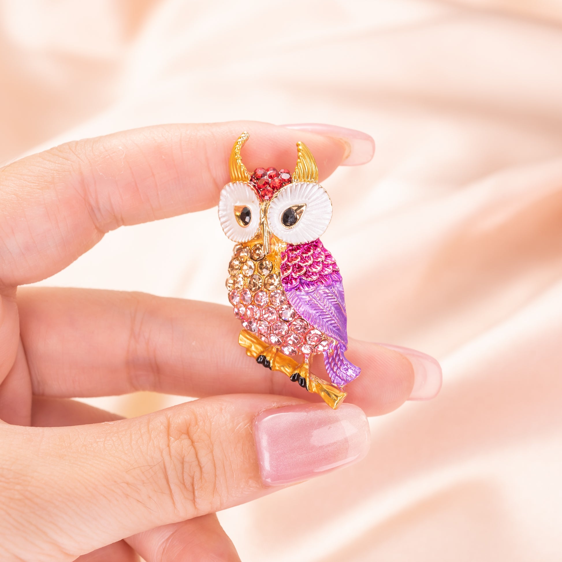 multicolor enamel night owl brooch pin with sparkling crystal accents
