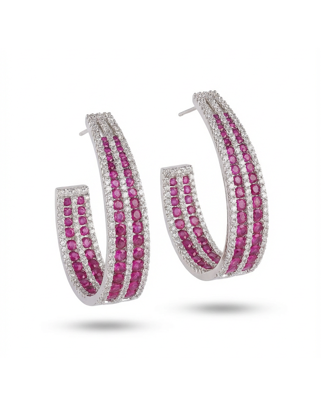 Inside out Statement Hoop Earring with Simulated Diamond and Ruby in Brass and Silver post