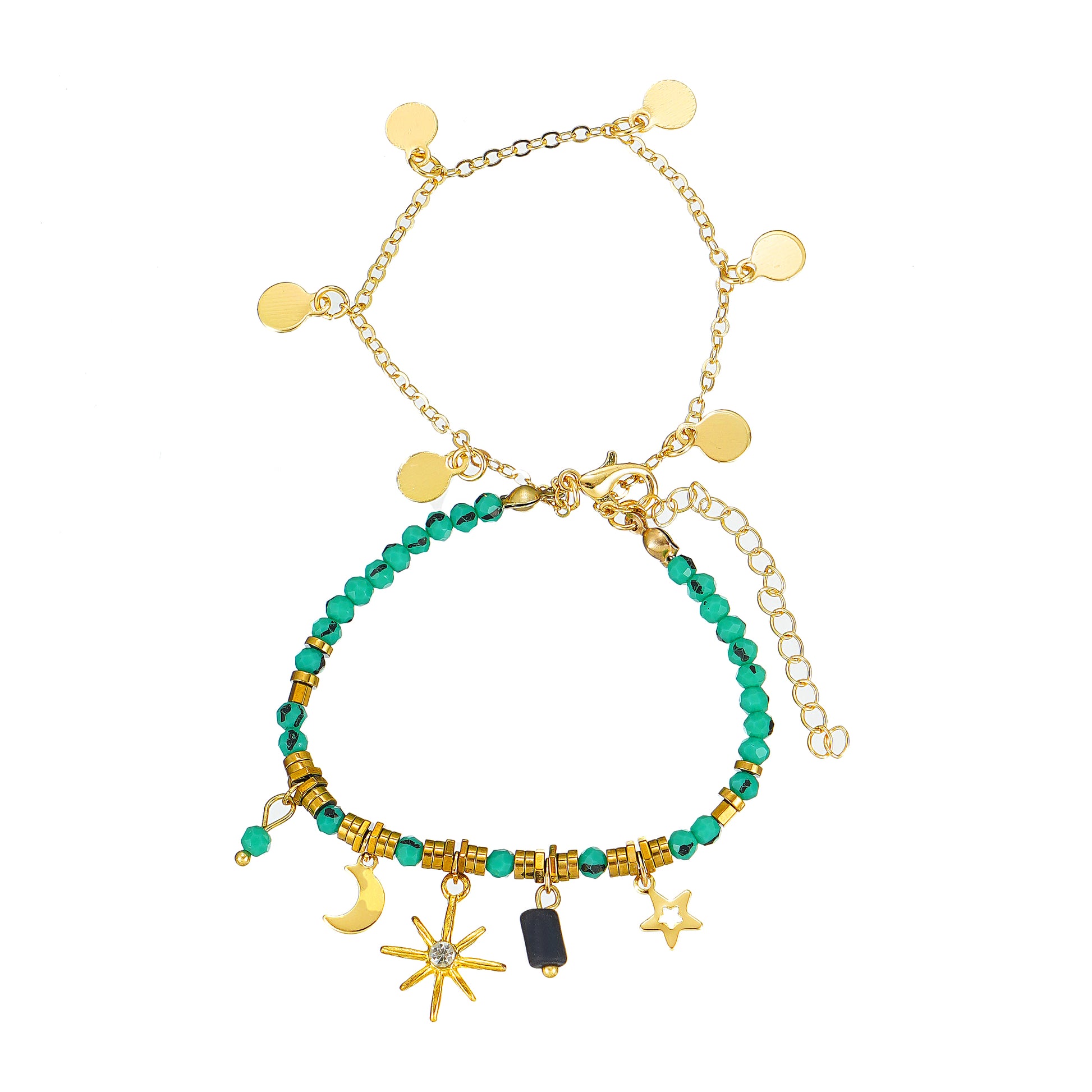 yellow gold plated celestial charm bracelet with blue turquoise beads