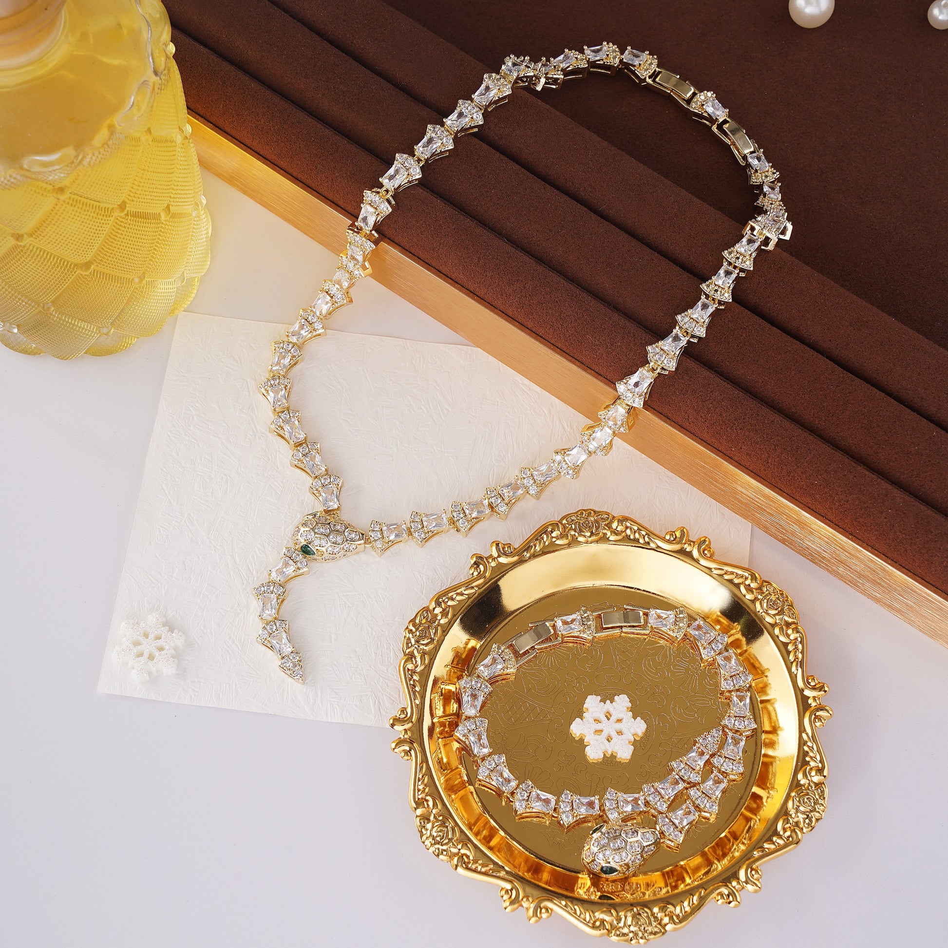 Statement Snake Necklace on Model in Pave Simulated Diamond in Yellow Gold Over Brass 17"and Extender- Stars and Vogue