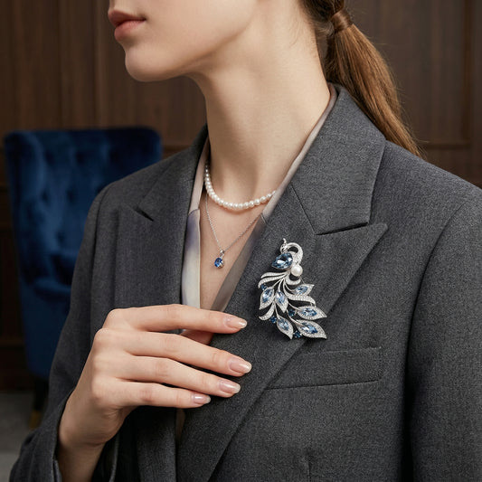 Silver Peacock Brooch with Blue Crystal, CZ & Simulated Pearl — Statement Lapel Pin & Pendant Necklace