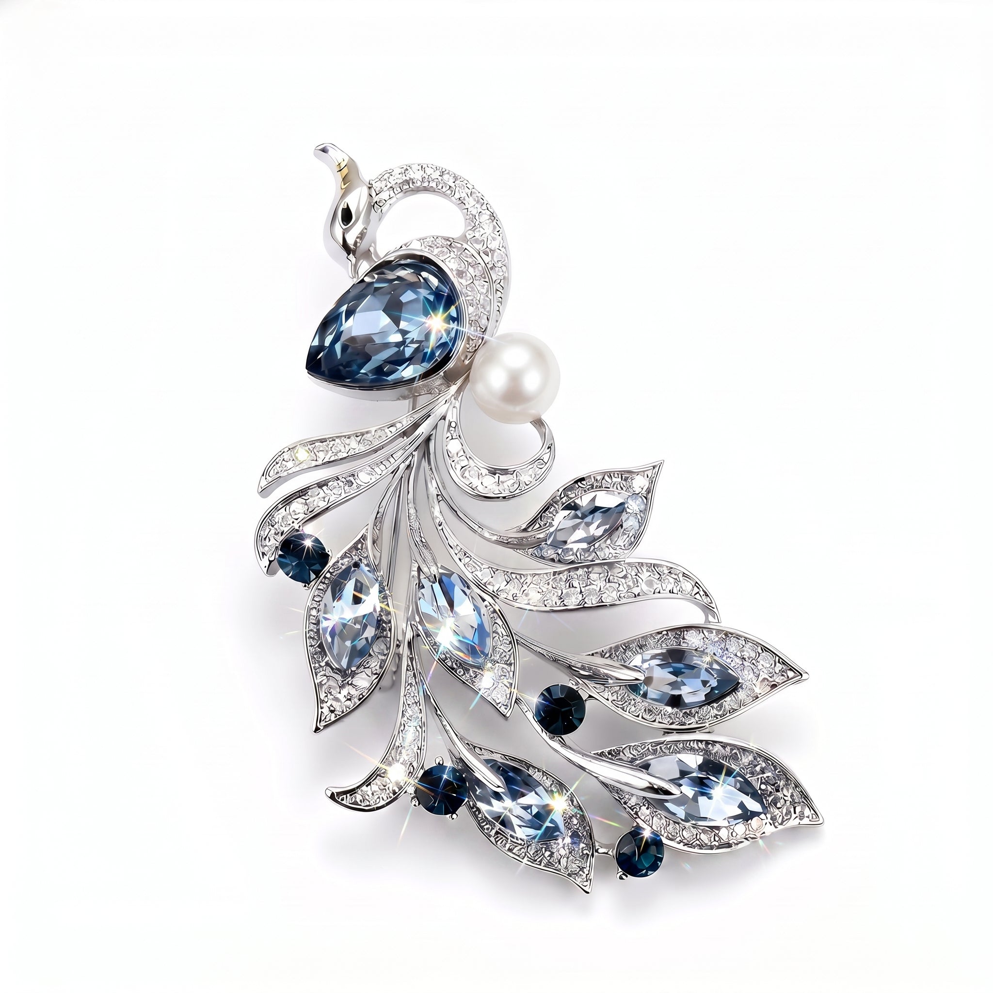 Silver Peacock Brooch with Blue Crystal, CZ & Simulated Pearl — Statement Lapel Pin & Pendant Necklace