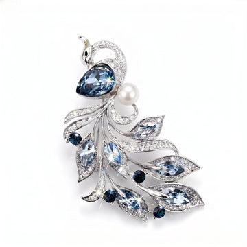 Silver Peacock Brooch with Blue Crystal, CZ & Simulated Pearl — Statement Lapel Pin & Pendant Necklace