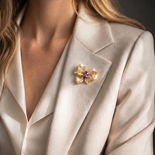 Gold Butterfly Brooch with Amethyst Crystal & CZ — Statement Lapel Pin & Pendant Necklace
