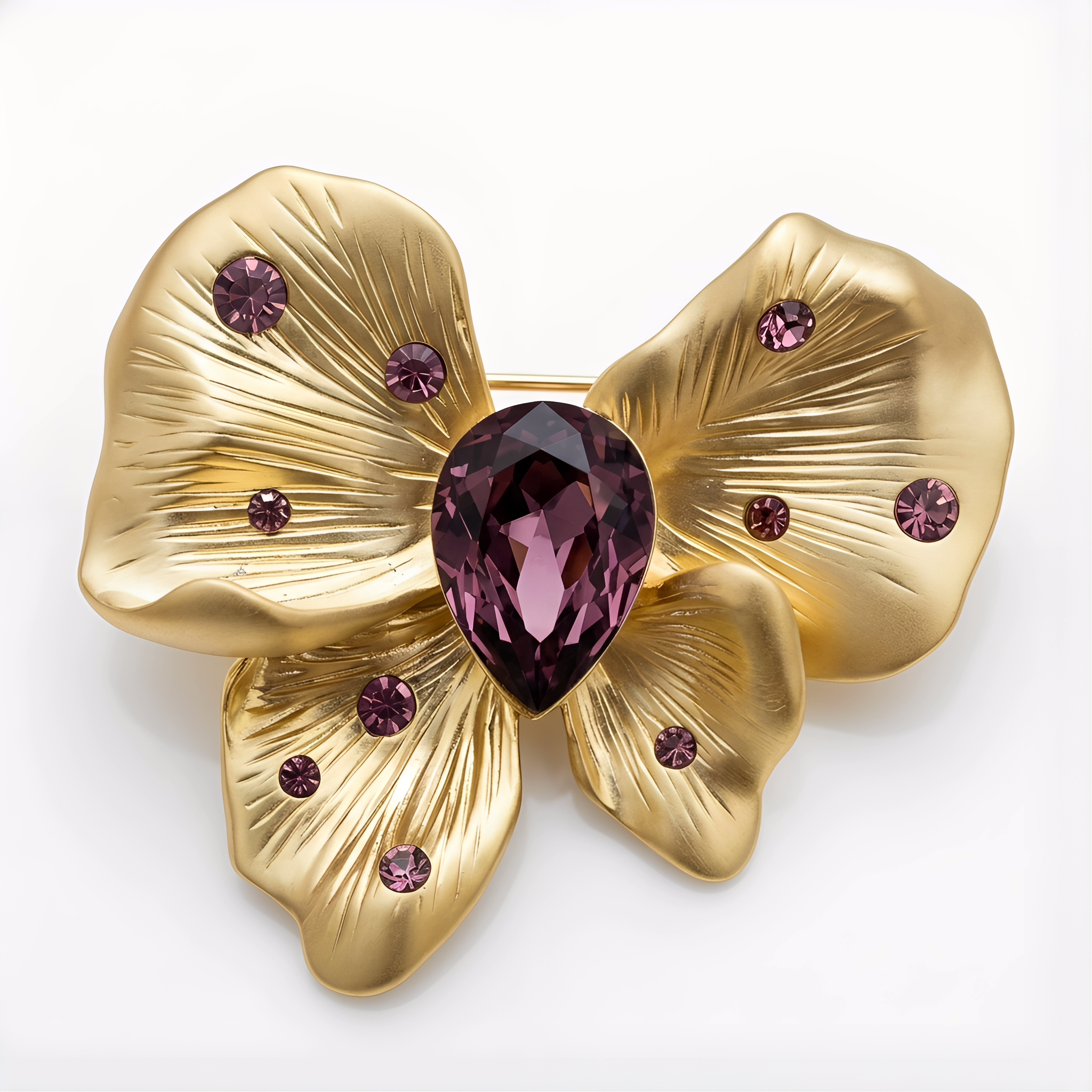 Gold Butterfly Brooch with Amethyst Crystal & CZ — Statement Lapel Pin & Pendant Necklace