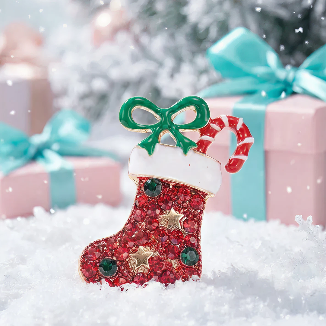 red enamel Christmas stocking brooch pin with red crystal accents