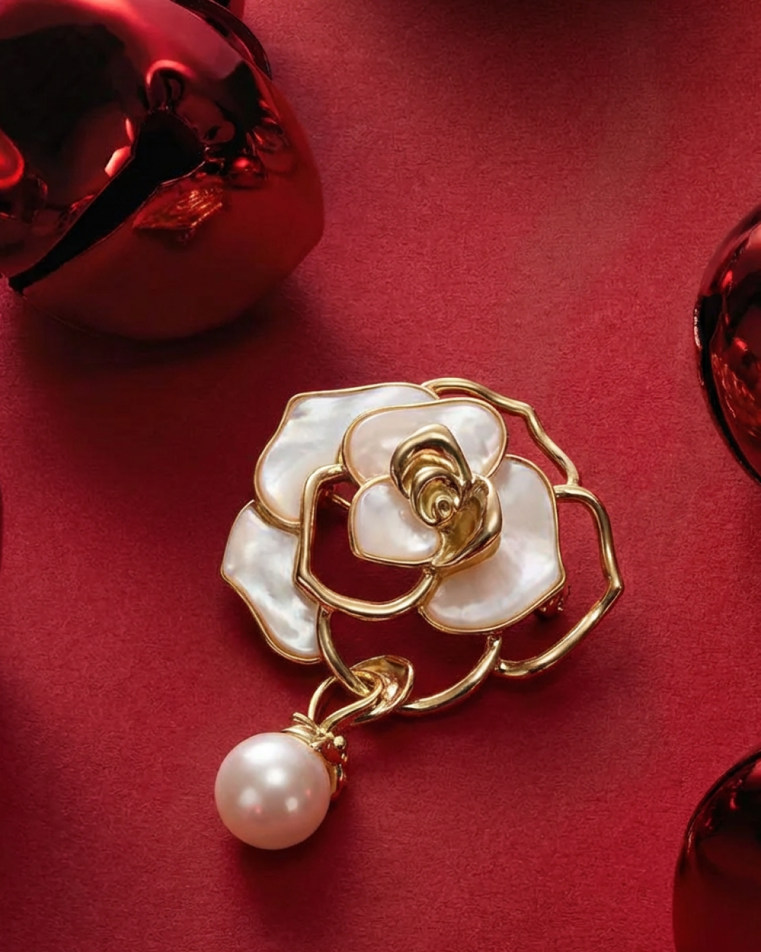 rose brooch with Mother of Pearl petals and gold over brass