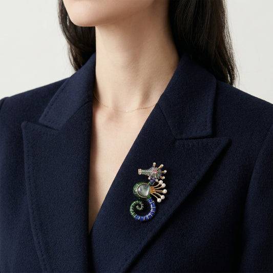 Gold Seahorse Brooch with Abalone Shell, Crystal & Simulated Pearl — Statement Lapel Pin for Women