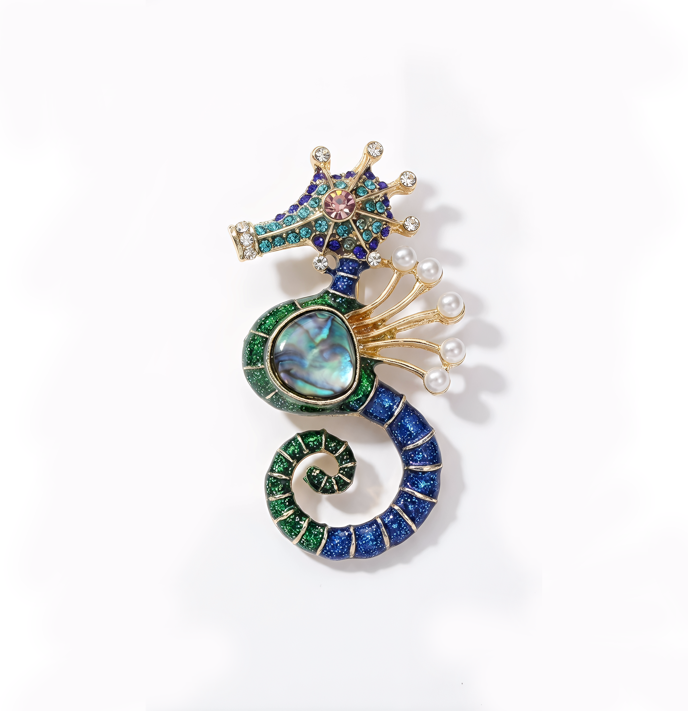 Gold Seahorse Brooch with Abalone Shell, Crystal & Simulated Pearl — Statement Lapel Pin for Women