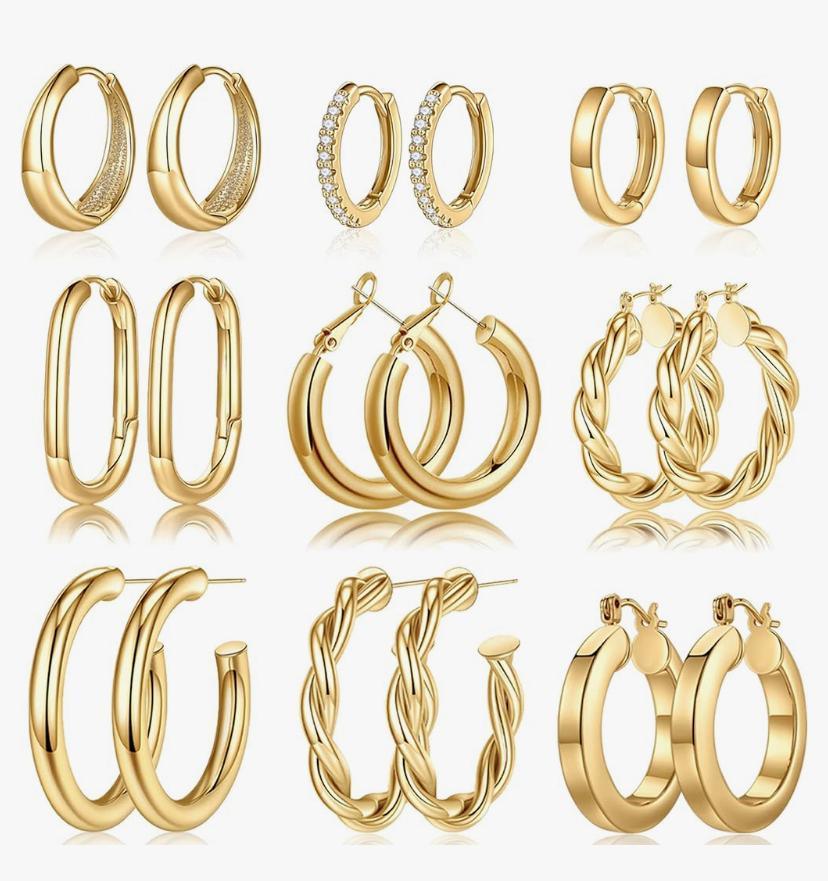 9-Pair Gold Plated Hoop Earring Set - Assorted Sizes & Styles