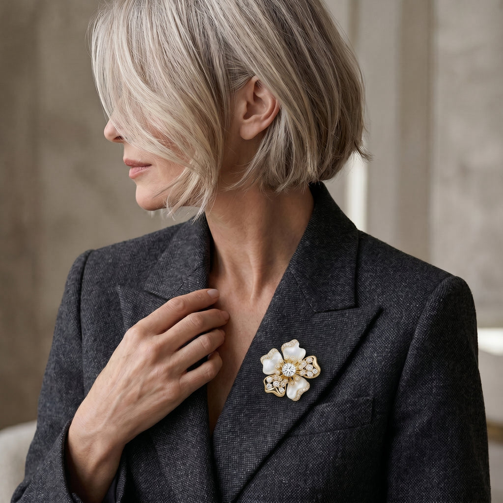 Gold Floral Brooch Necklace – 18K Gold Plated Brass, MOP Petals & CZ