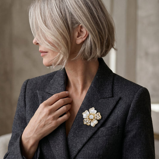 Gold Floral Brooch Necklace – 18K Gold Plated Brass, MOP Petals & CZ