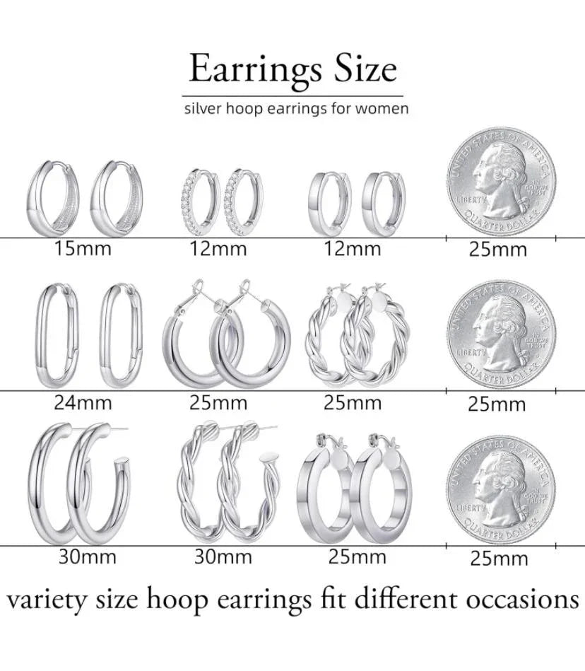 9-Pair Gold Plated Hoop Earring Set - Assorted Sizes & Styles