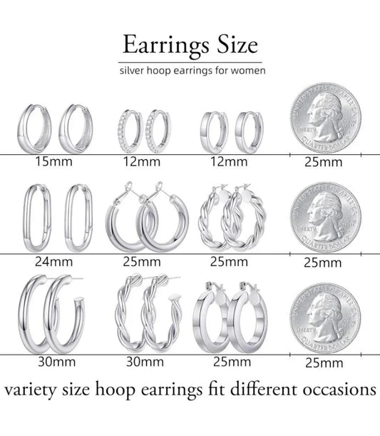 9-Pair Gold Plated Hoop Earring Set - Assorted Sizes & Styles