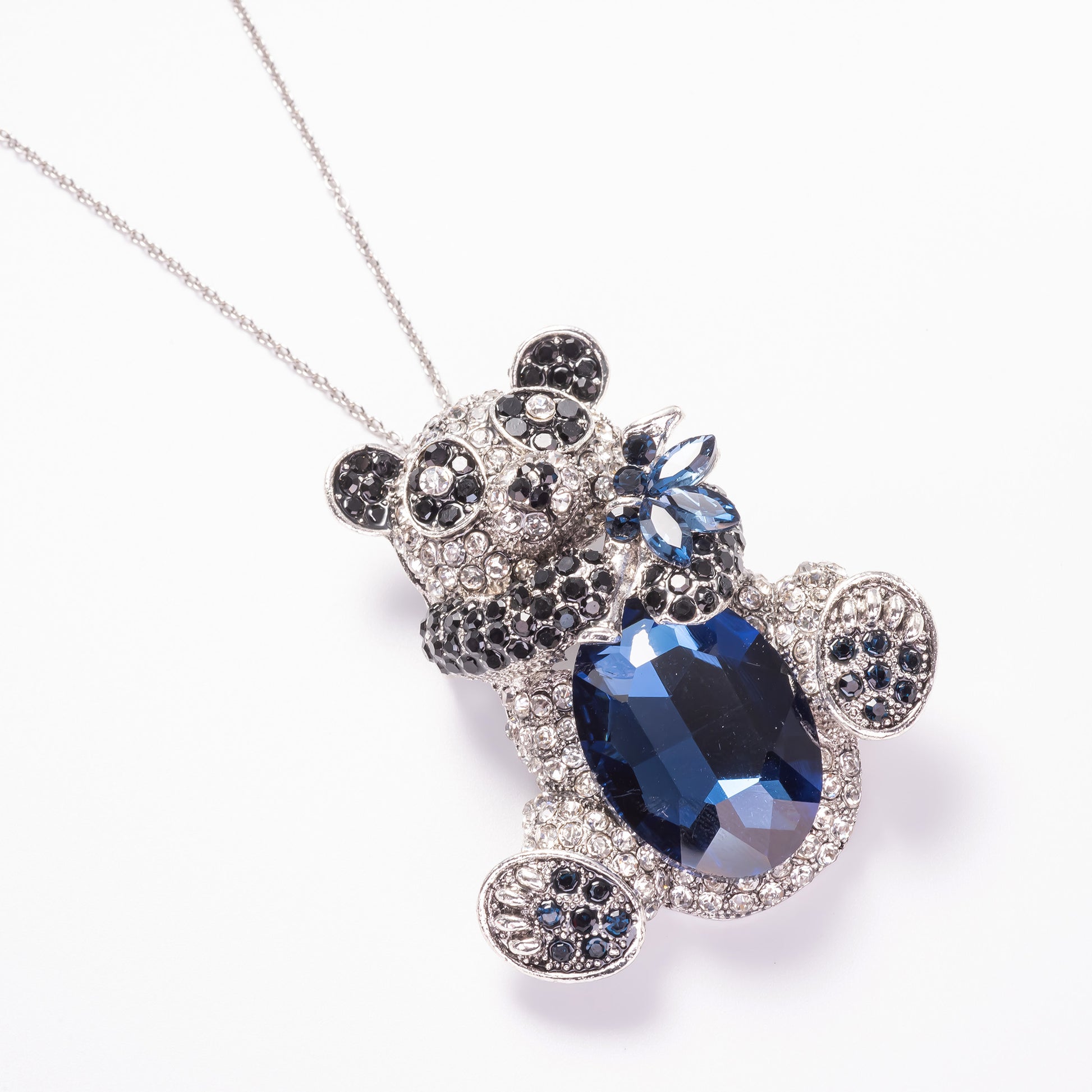 Panda pendant necklace with black and white crystals on a 20-inch silver chain