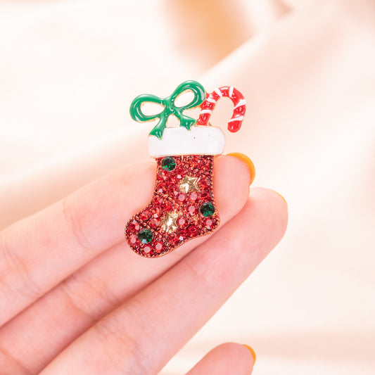 red enamel Christmas stocking brooch pin with red crystal accents