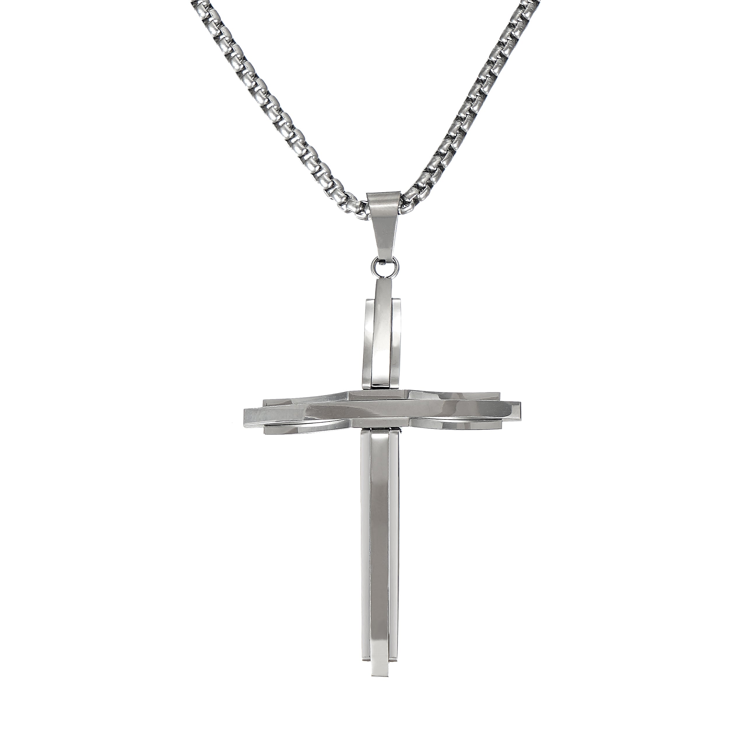 316L stainless steel cross pendant necklace with a high-polish finish and 24 inch chain.