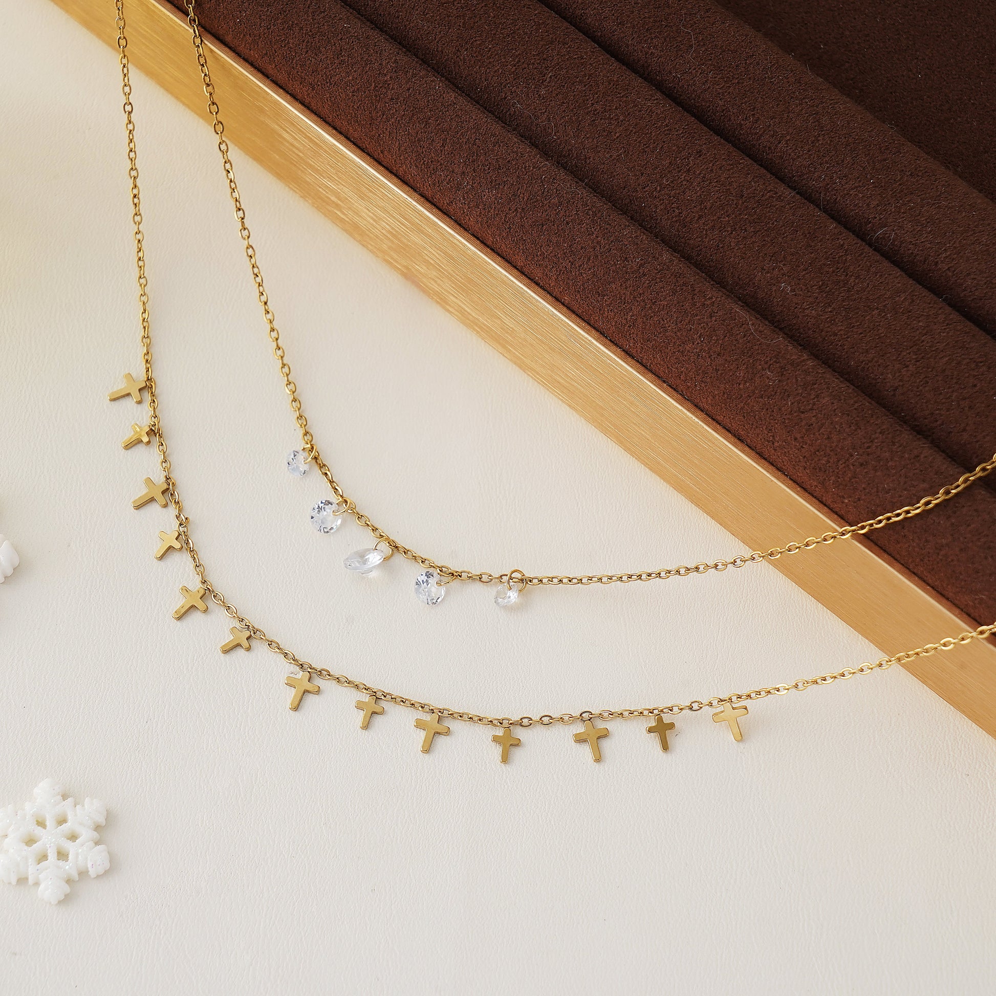 Cross Charm Layered Necklace with Diamond Simulated in Stainless Steel in IP Yellow Gold 18"+2" extender- Stars and Vogue