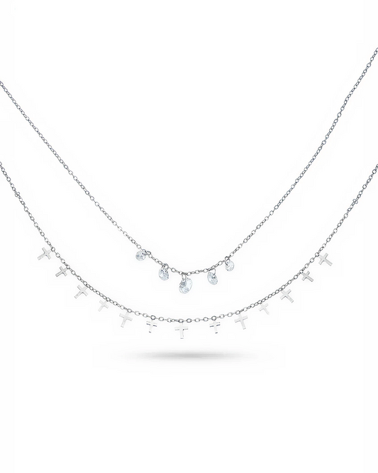 stainless steel layered necklace with simulated diamond cross pendant